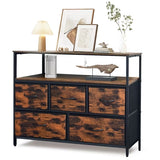 ACCVER 5-Drawer Dresser with Shelves, TV Stand with Fabric Drawers for Living Room, Closet and Chest for Bedroom & Apartment, Clothes Storage Organizer, Brown