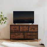 Atilioo 5 Drawer Dresser, Fabric Storage Chest with TV Stand, Open Shelf, Adjustable Feet, Bedroom or Living Room, Black