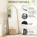 IULULU Mirror Full Length Full Body Floor Mirror with Stand, Shatterproof Glass, Aluminum Alloy Frame, Free Standing Wall Mounted or Leaning Arched Mirrors for Bedroom Living Room Entryway