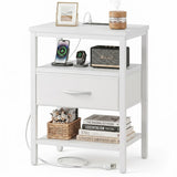 LIFERECORD Night Stand with Fabric Drawer, Nightstand with Charging Station, End Tables with Storage Shelf for Small Spaces, Bedside Table Side Tables for Bedroom, White