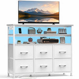 ACCVER Dresser for Bedroom TV Stand with LED Lights & Charging Station, Entertainment Center with 6 Fabric Drawers & Open Shelf for Bedroom Living Room Hallway, White