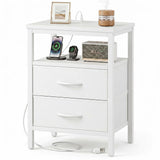 LIFERECORD Night Stand with 2 Fabric Drawers, Nightstand with Charging Station, End Tables with Storage Shelf for Small Spaces, Bedside Table Side Tables for Bedroom, White