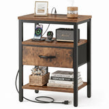 LIFERECORD Night Stand with Fabric Drawer, Nightstand with Charging Station, End Tables with Storage Shelf for Small Spaces, Bedside Table Side Tables for Bedroom, Rustic Brown