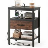 LIFERECORD Night Stand with Fabric Drawer, Nightstand with Charging Station, End Tables with Storage Shelf for Small Spaces, Bedside Table Side Tables for Bedroom, Black & Brown