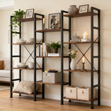 Atilioo Triple Bookshelf, 4-Tier Wide Bookcase with 11 Open Tall Display Shelves, Modern Industrial Book Shelves for Living Room Home Office, Brown