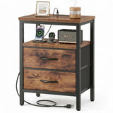 LIFERECORD Night Stand with 2 Fabric Drawers, Nightstand with Charging Station, End Tables with Storage Shelf for Small Spaces, Bedside Table Side Tables for Bedroom, Rustic Brown