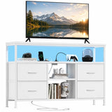 ACCVER Dresser for Bedroom TV Stand with LED Lights & Charging Station, Entertainment Center with 4 Fabric Drawers & Open Shelf for Bedroom Living Room Hallway, White