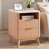 Atilioo Fluted Nightstand Set of 2 with Charging Station, Wood Bedside Table with USB Ports and Outlets, Storage Shelf with 2 Drawers for Bedroom Living Room