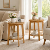 Atilioo 2-Tier Round End Table, Small Side Table with Lower Storage Shelf, Solid Wood Legs for Sofa, Living Room, Bedroom, Natural Wood