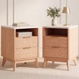 Atilioo Fluted Nightstand Set of 2 with Charging Station, Wood Bedside Table with USB Ports and Outlets, Storage Shelf with 2 Drawers for Bedroom Living Room