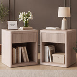 Atilioo Fluted Nightstand Set of 2 with Charging Station, Wood Bedside Table with USB Ports and Outlets, Storage Shelf with 2 Drawers for Bedroom Living Room