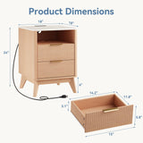 Atilioo Fluted Nightstand Set of 2 with Charging Station, Wood Bedside Table with USB Ports and Outlets, Storage Shelf with 2 Drawers for Bedroom Living Room