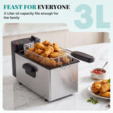 Atilioo 3L Electric Deep Fryer, 1500W Stainless Steel Oil Fryer with Removable Dishwasher Safe Basket & 4 Temp Control for Home use, Silver