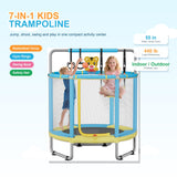 Atilioo 55" Trampoline for Kids with Enclosure, Indoor & Outdoor Toddler Trampoline with Adjustable Gymnastics Bar & Toys for Boys & Girls, Blue