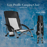 Atilioo Low Camping Chair, Folding Portable Beach Chair with Cup Holder & Sidebag for Outdoor Concert, Party, Picnic, Black