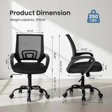 Atilioo Ergonomic Office Chair with Lumbar Support, Computer Desk Mesh Chair with Height Adjustable 360° Swivel, Fixed Armrest, Black