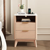 Atilioo Fluted Nightstand Set of 2 with Charging Station, Wood Bedside Table with USB Ports and Outlets, Storage Shelf with 2 Drawers for Bedroom Living Room