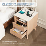 Atilioo Fluted Nightstand Set of 2 with Charging Station, Wood Bedside Table with USB Ports and Outlets, Storage Shelf with 2 Drawers for Bedroom Living Room