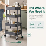 Atilioo 4 Tier Rolling Cart with Wheels, Full Metal Rolling Utility Cart, Storage Shelf Cart for Living Room, Office, Bathroom, Gray