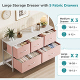 Atilioo Fabric Dresser with 5 Drawers, Clothes Storage Organizer Unit, Chest of Drawers for Bedroom Living Room, Pink