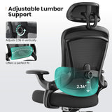 Atilioo Office Chair, Ergonomic Computer Desk Mesh Chair with Up&Down Lumbar Support, Headrest, Adjustable Swivel High-Back Chair with Flip-up Armrests, Black