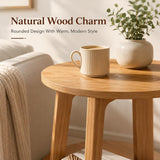 Atilioo 2-Tier Round End Table, Small Side Table with Lower Storage Shelf, Solid Wood Legs for Sofa, Living Room, Bedroom, Natural Wood