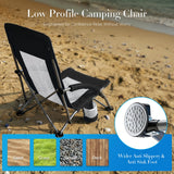 Atilioo Low Camping Chair, Folding Portable Beach Chair with Cup Holder & Sidebag for Outdoor Concert, Party, Picnic, Black