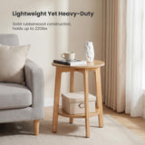 Atilioo 2-Tier Round End Table, Small Side Table with Lower Storage Shelf, Solid Wood Legs for Sofa, Living Room, Bedroom, Natural Wood