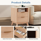 Atilioo Fluted Nightstand Set of 2 with Charging Station, Wood Bedside Table with USB Ports and Outlets, Storage Shelf with 2 Drawers for Bedroom Living Room