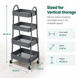 Atilioo 4 Tier Rolling Cart with Wheels, Full Metal Rolling Utility Cart, Storage Shelf Cart for Living Room, Office, Bathroom, Gray