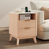 Atilioo Fluted Nightstand Set of 2 with Charging Station, Wood Bedside Table with USB Ports and Outlets, Storage Shelf with 2 Drawers for Bedroom Living Room