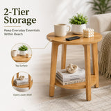 Atilioo 2-Tier Round End Table, Small Side Table with Lower Storage Shelf, Solid Wood Legs for Sofa, Living Room, Bedroom, Natural Wood