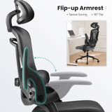 Atilioo Office Chair, Ergonomic Computer Desk Mesh Chair with Up&Down Lumbar Support, Headrest, Adjustable Swivel High-Back Chair with Flip-up Armrests, Black